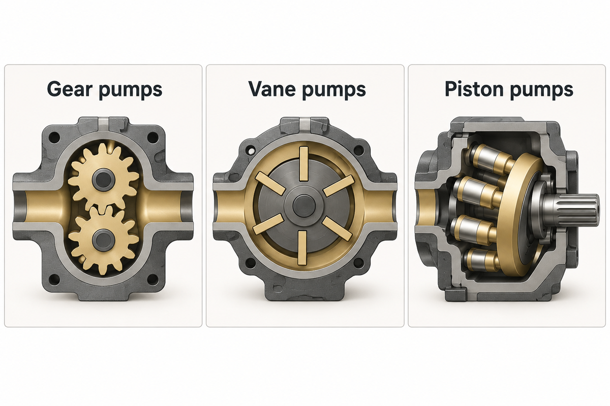 Gear, vane and piston are separate pump types (Portland Community College hydraulic fundamentals).