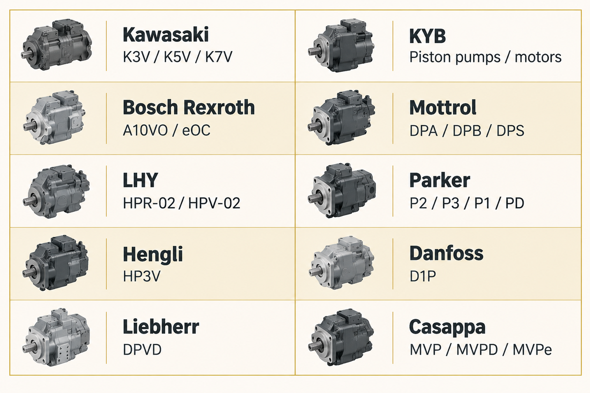 Ten makers map to named pump families; brand alone does not establish assembly fit (manufacturer catalogs).