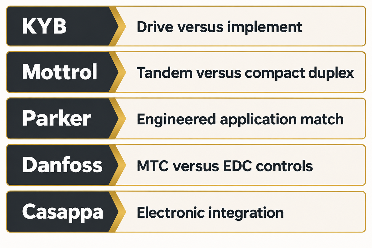 Drive duty and controller integration distinguish five mobile pump sourcing routes (manufacturer catalogs).