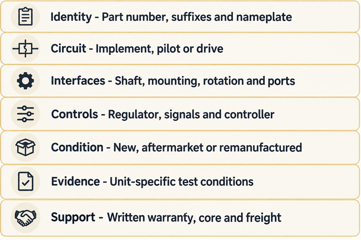 Match identity, circuit, interfaces, controls, condition, test evidence and support before comparing pump quotes.