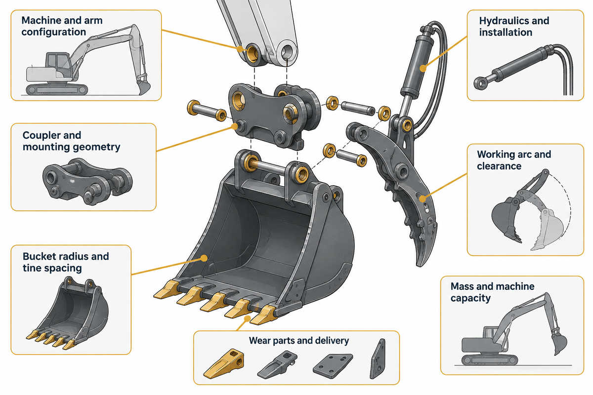 Thumb fit depends on the installed bucket, coupler, hydraulics and machine configuration, not tonnage alone.