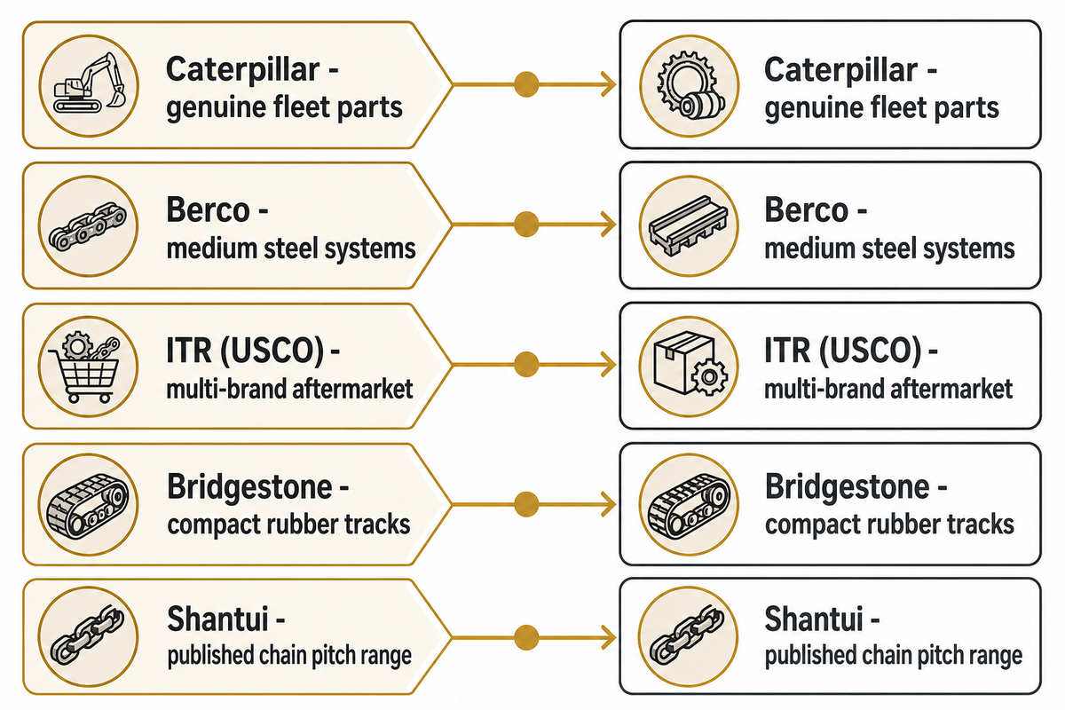 Five scenario-based parts quick picks, from genuine fleet parts to rubber tracks; official company product pages.
