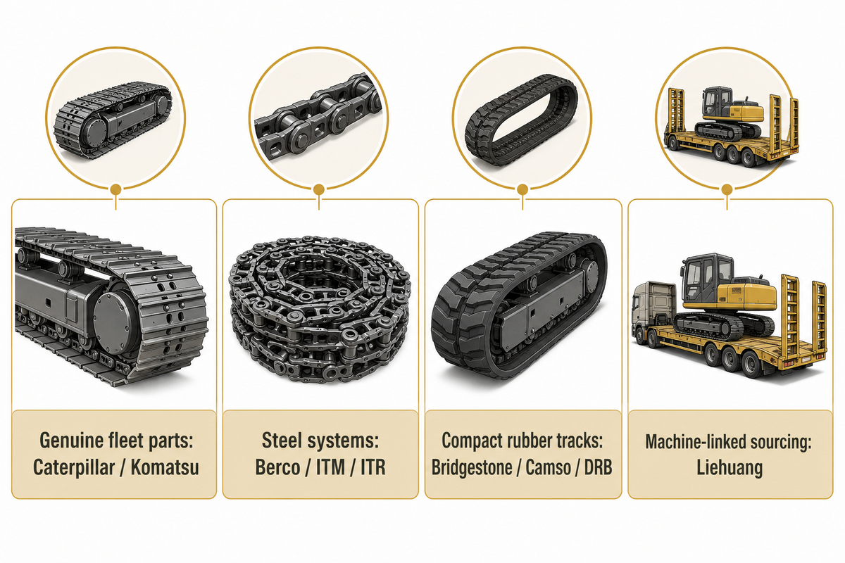 OEM repair, steel systems, rubber tracks and machine-linked sourcing are different purchase routes; company sources.
