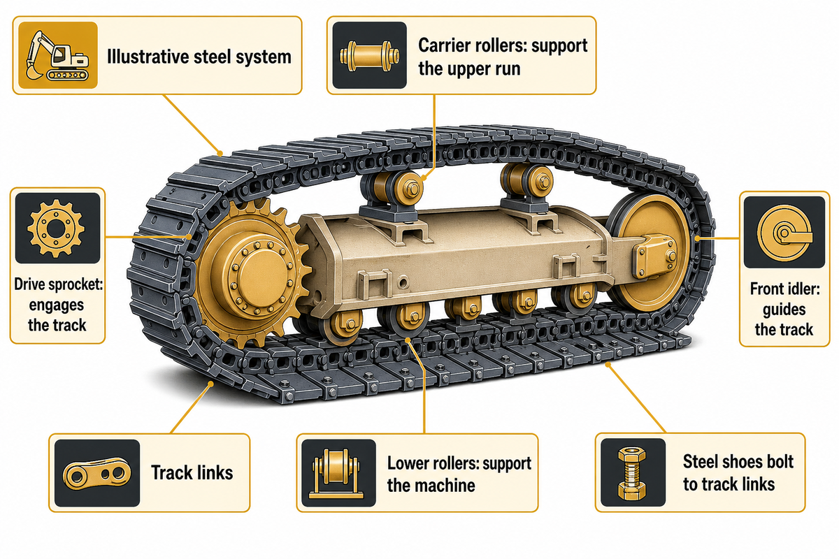 Shoes, links, sprockets, idlers and rollers serve different steel-system functions; manufacturer catalogs and fit guidance.