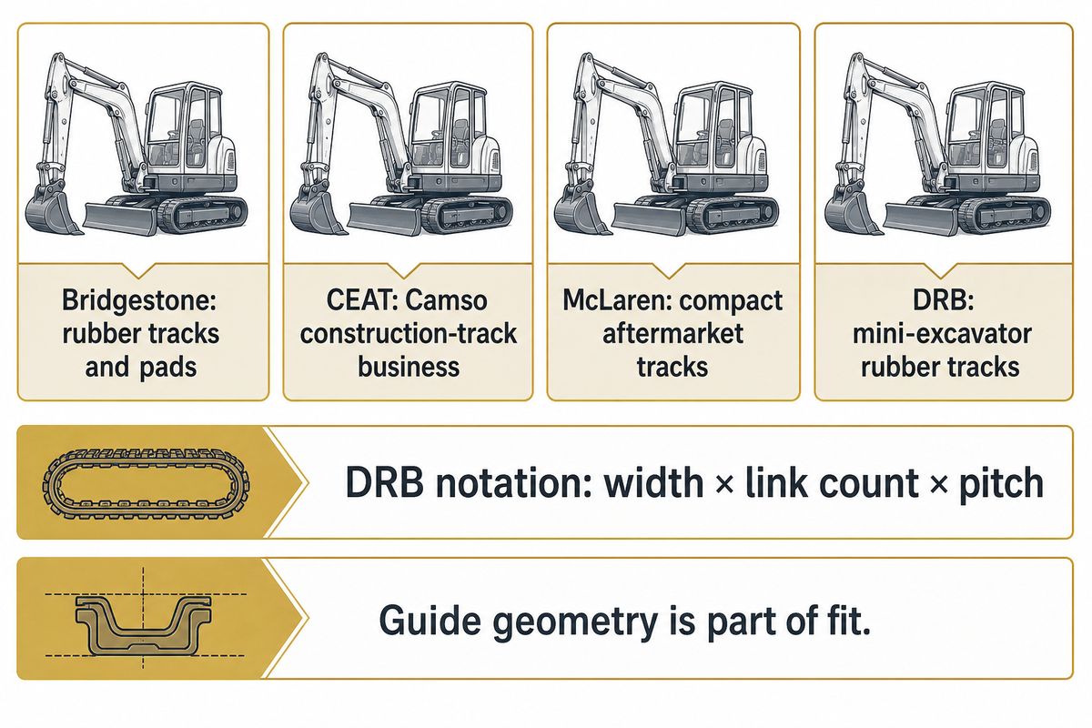 Compact rubber-track suppliers differ in scope; DRB documents width, link count and pitch ordering; official catalogs.