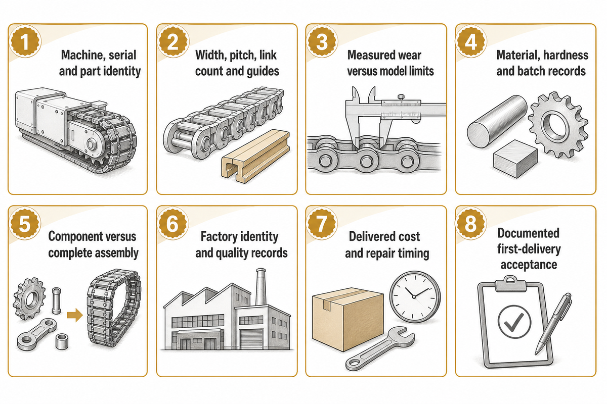 Eight buying checks cover fit, wear, batch records, assembly scope, delivered cost and acceptance; manufacturer guidance.
