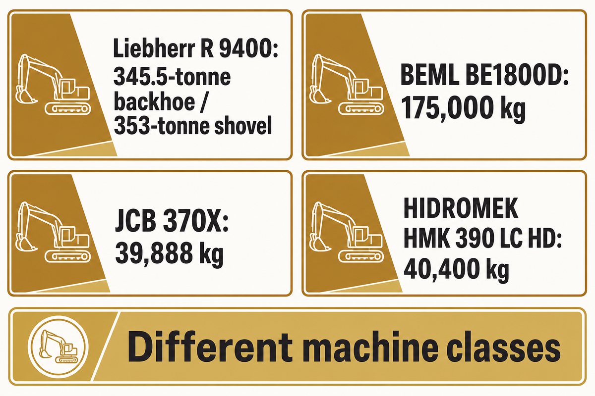 Published weight examples for Liebherr, BEML, JCB and HIDROMEK in different excavator classes
