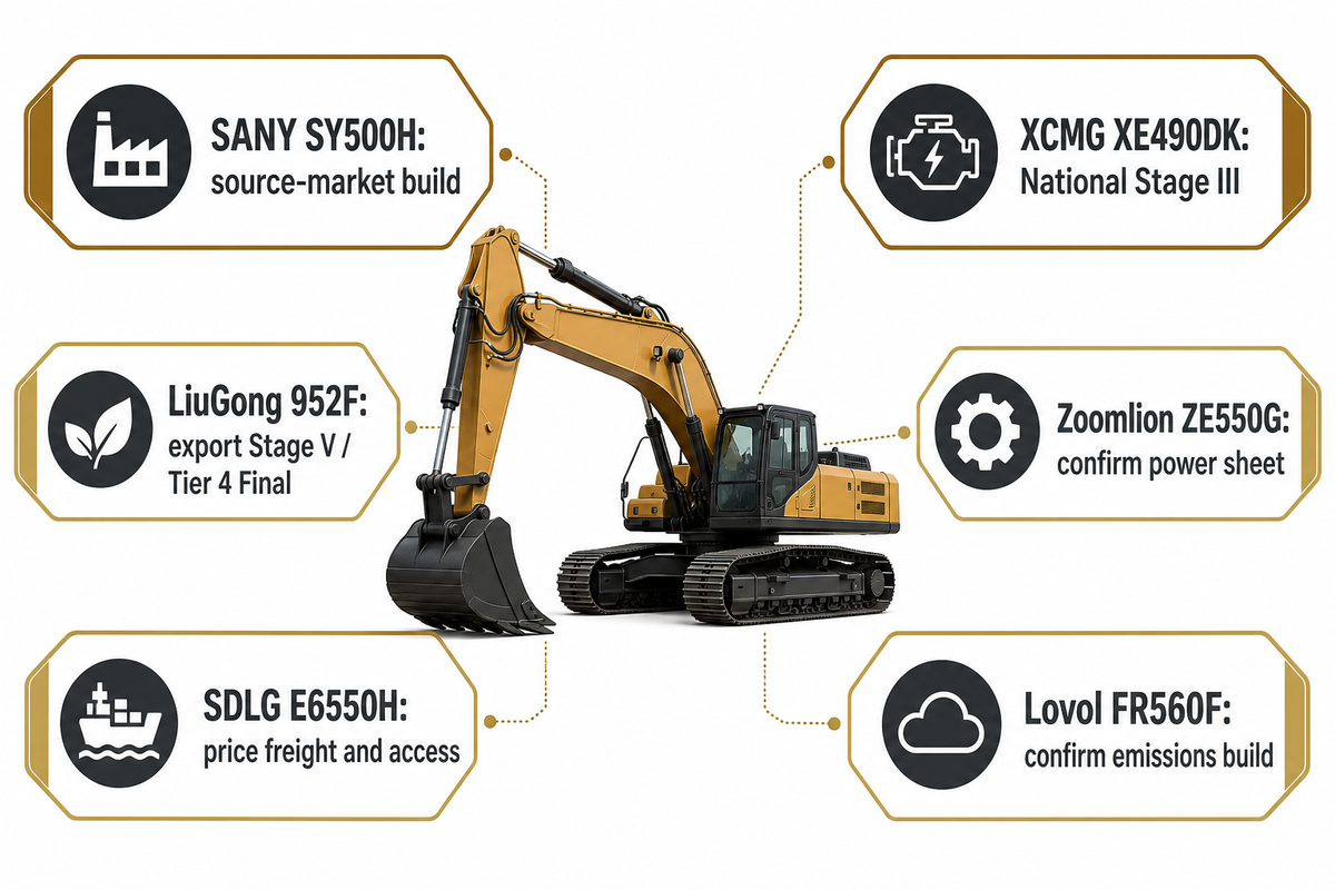 Regional build and procurement checks for six Chinese heavy excavator manufacturers