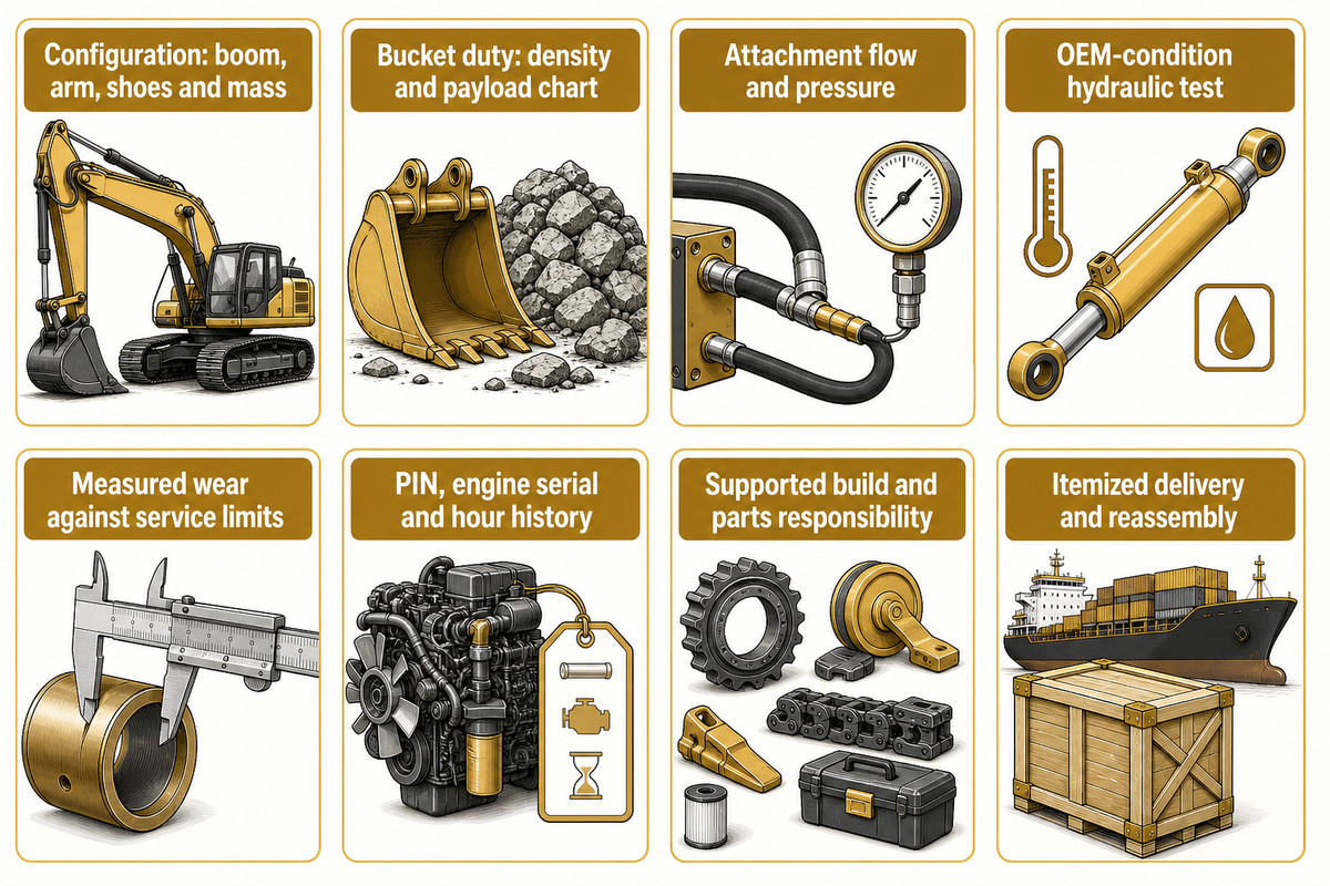 Eight serial-specific heavy excavator acceptance checks from configuration through delivered costs