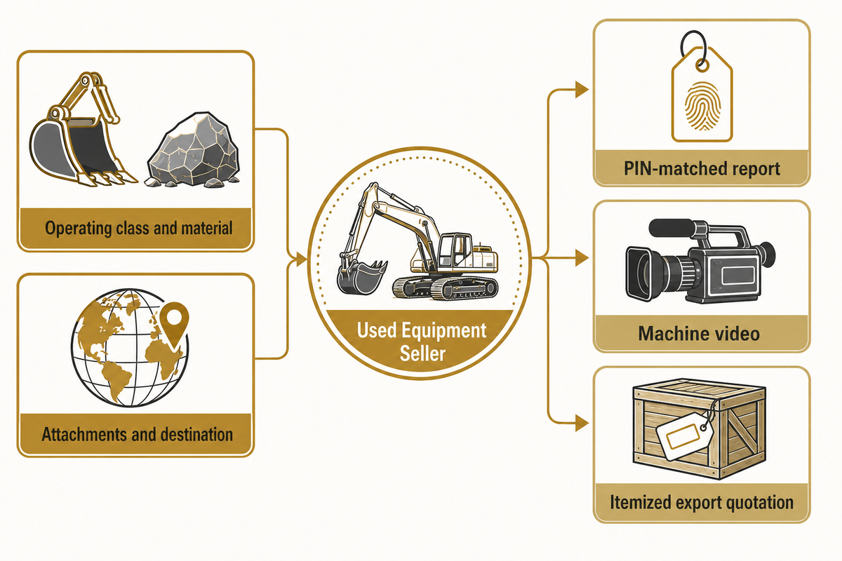 Buyer request details and PIN-matched evidence for a used heavy excavator quotation