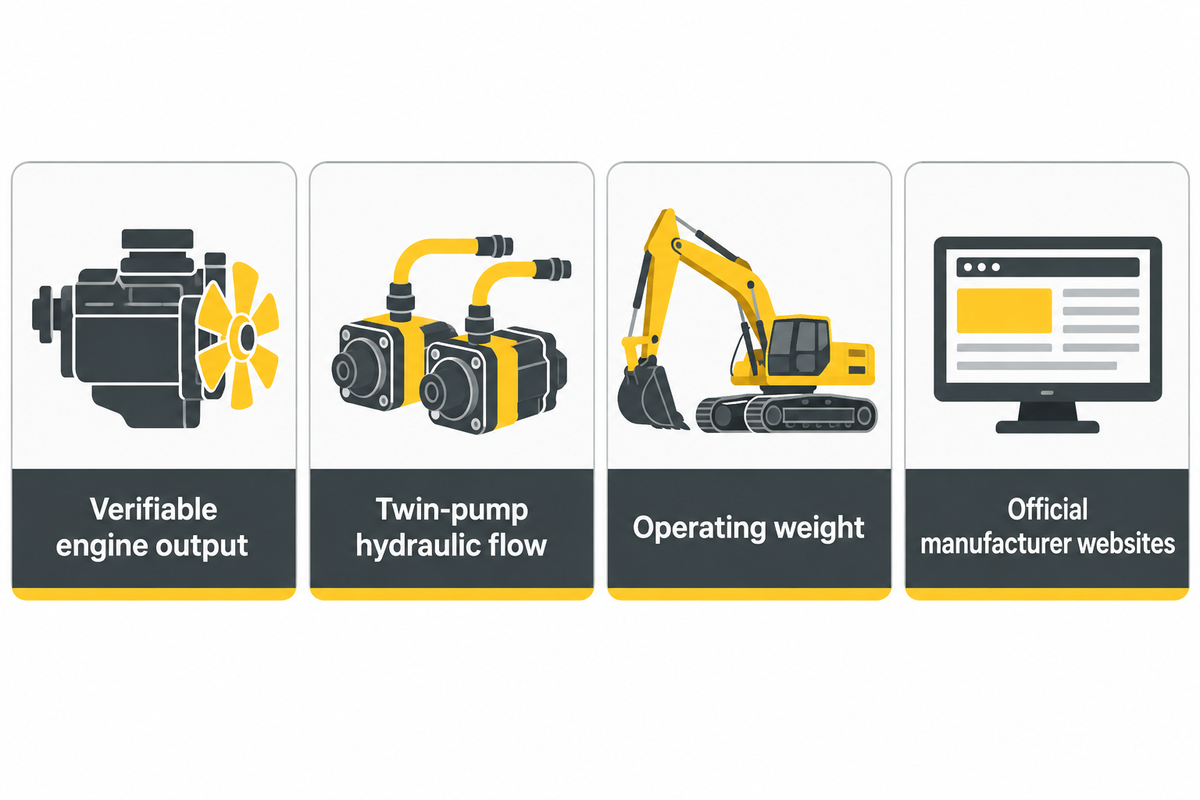 Four selection criteria for medium excavator manufacturers covering engine output, hydraulic flow, weight and official records