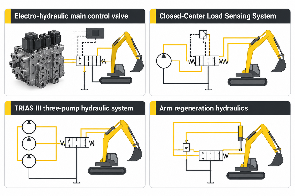 Hydraulic control architectures across Japanese and American medium excavator manufacturers