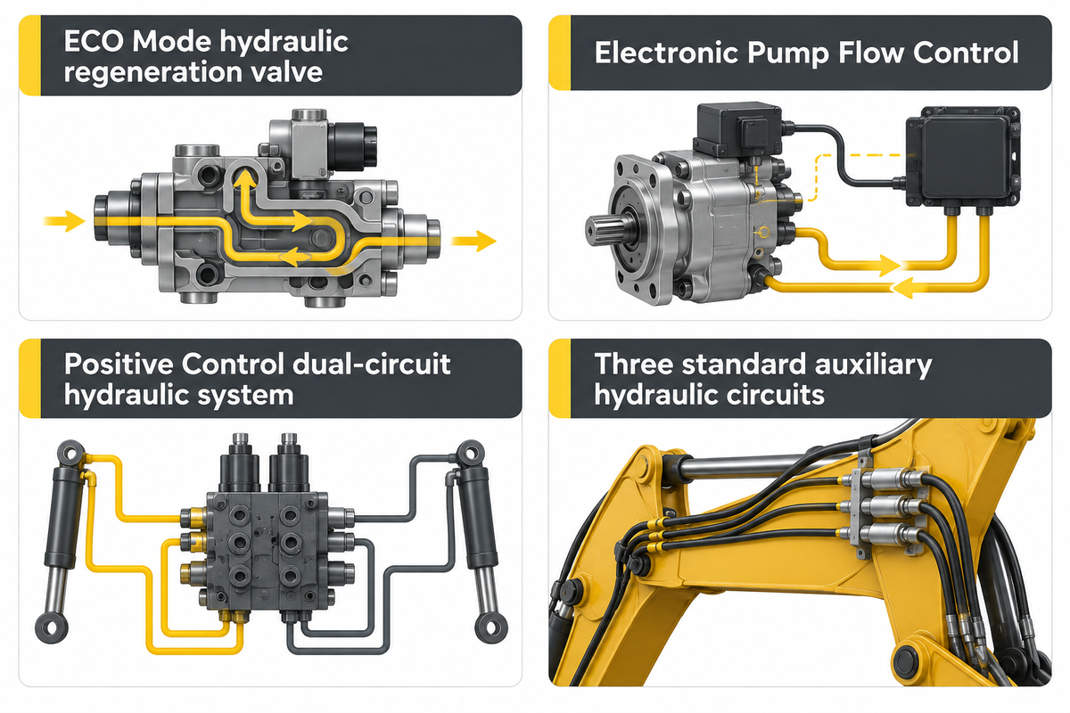 Hydraulic regeneration, electronic pump flow control and auxiliary circuits in European and Korean medium excavators