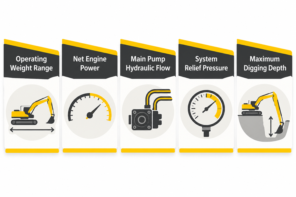 Five core engineering metrics covering operating weight, engine power, main pump flow, relief pressure and digging depth