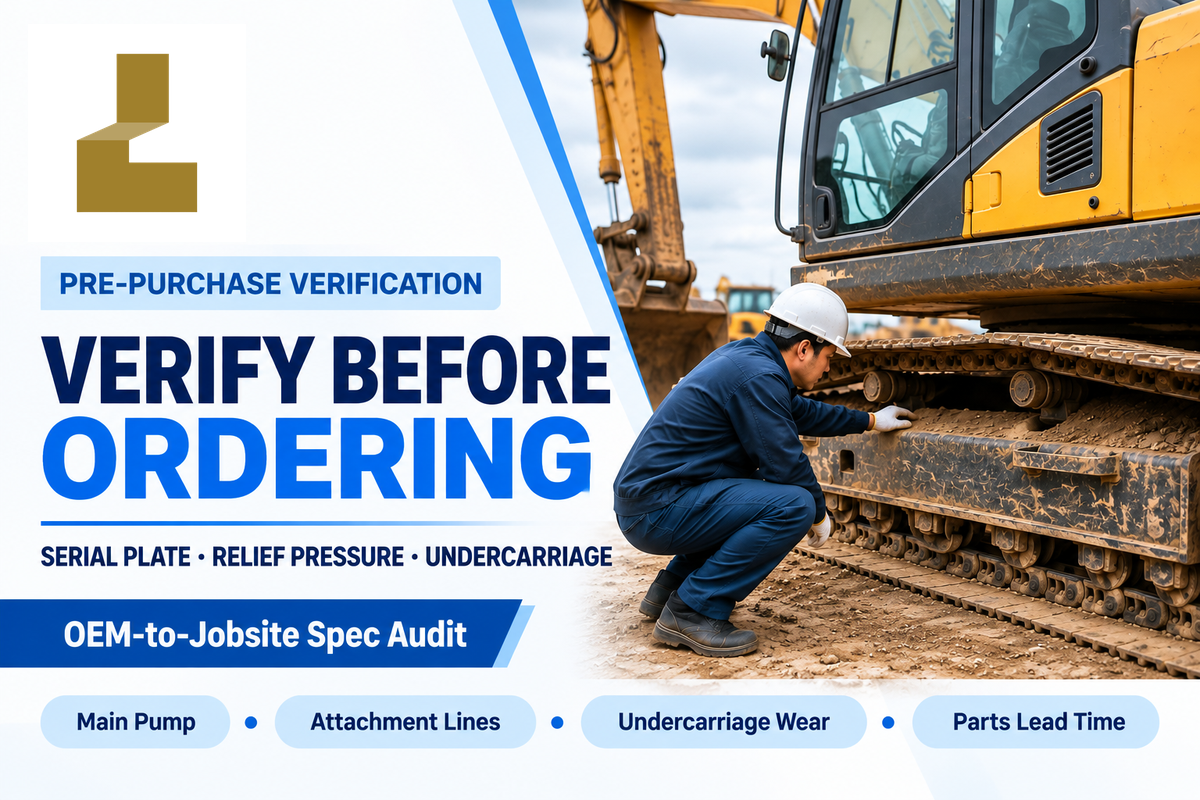 Technician inspecting a crawler excavator undercarriage during pre-shipment verification