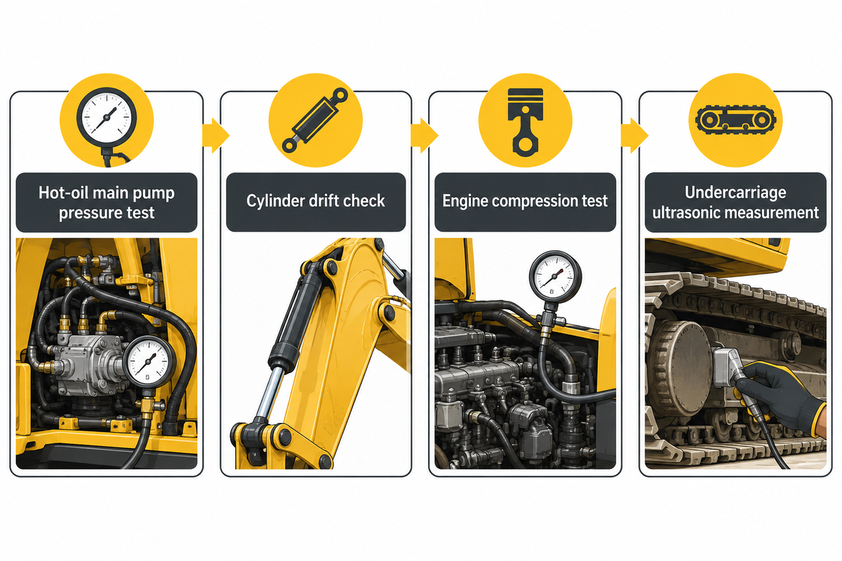 Four pre-shipment inspection tests for used medium excavators covering pump pressure, cylinder drift, compression and undercarriage